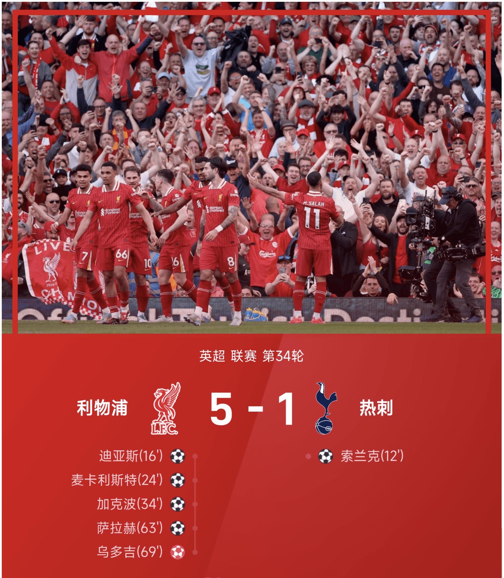 利物浦主场战胜托特纳姆热刺，领跑榜首